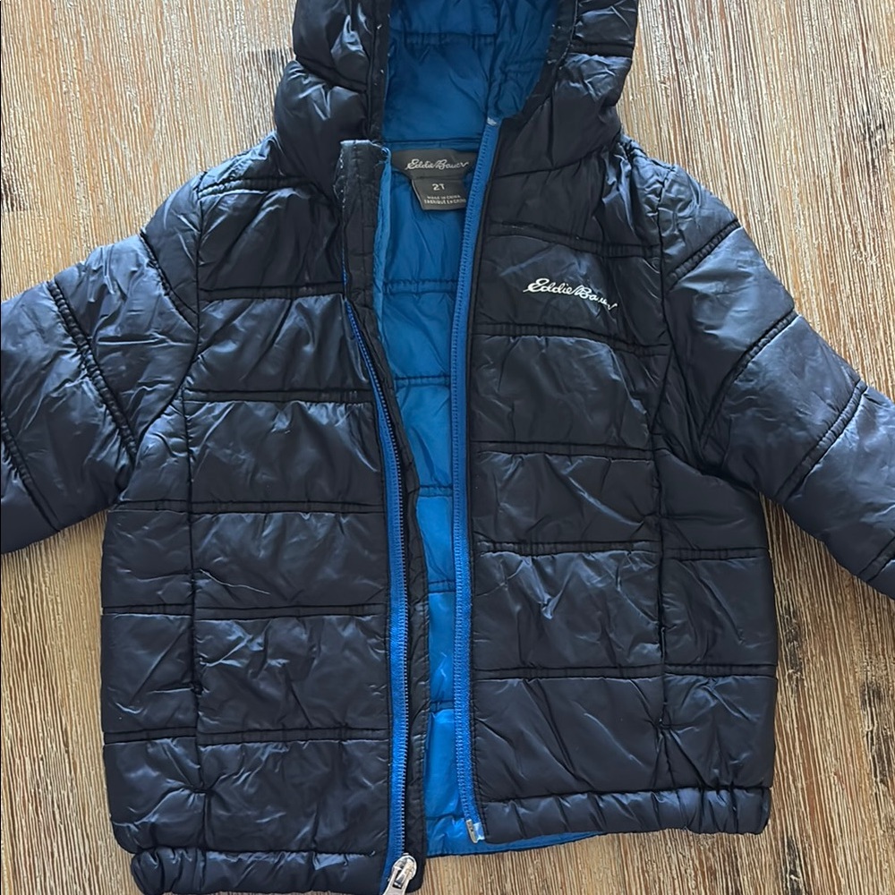 Eddie Bauer Black and Blue Puffer Jacket with Hood
